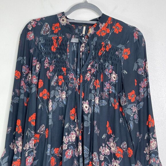 Free People Pebble Crepe Floral So Fine Smoked Boho Tunic Top Women's Size Small - Picture 4 of 7